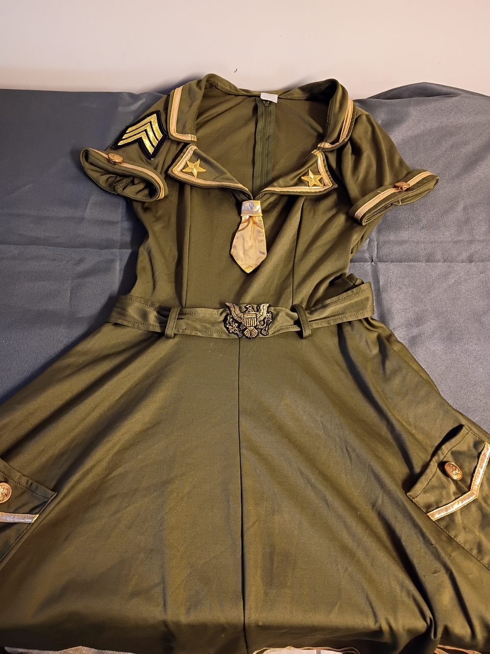 Olive Green Military-Style Women's Dress with Gold Trim